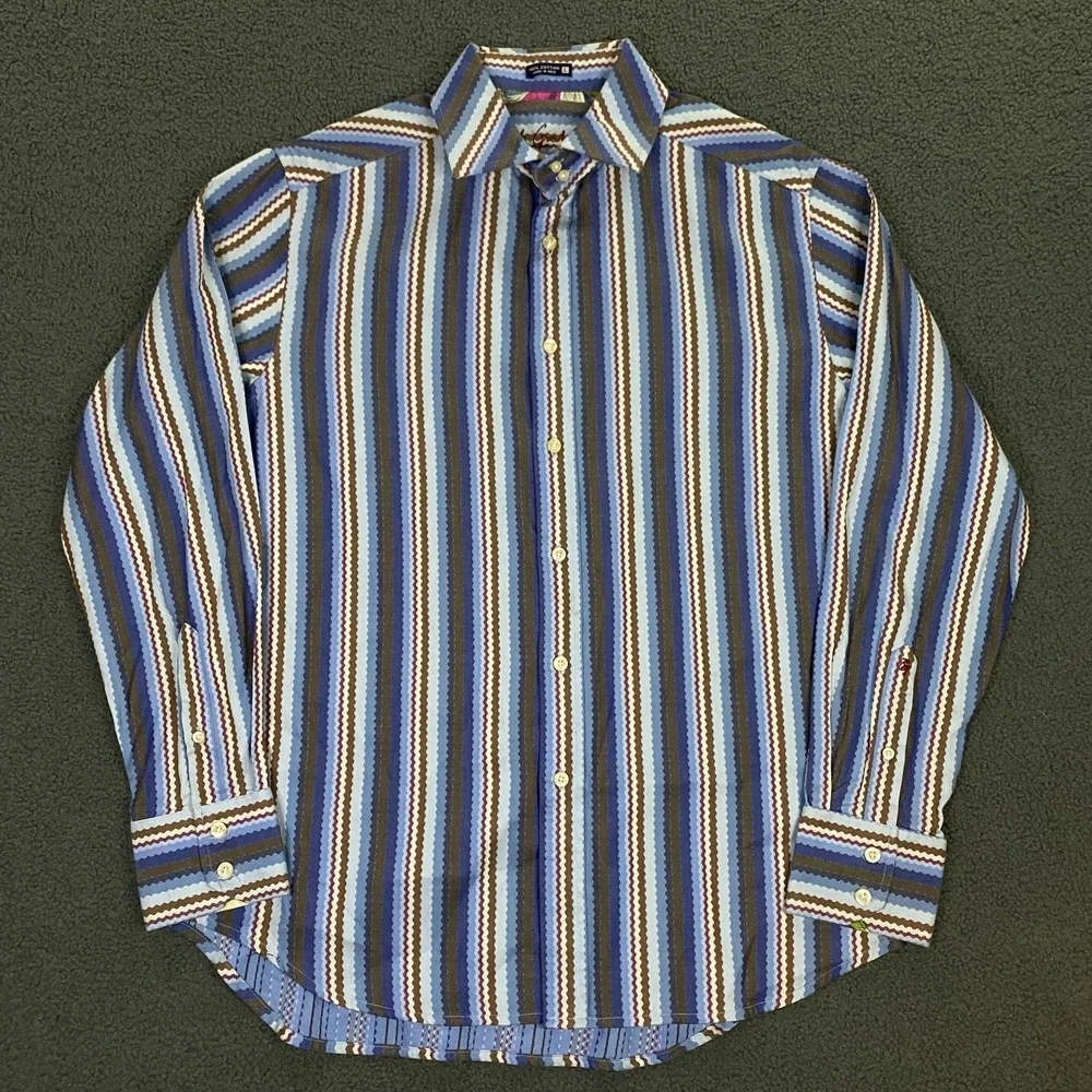 Robert Graham Shirt Mens Large Striped Contrast Flip Cuff MCM Retro Blue